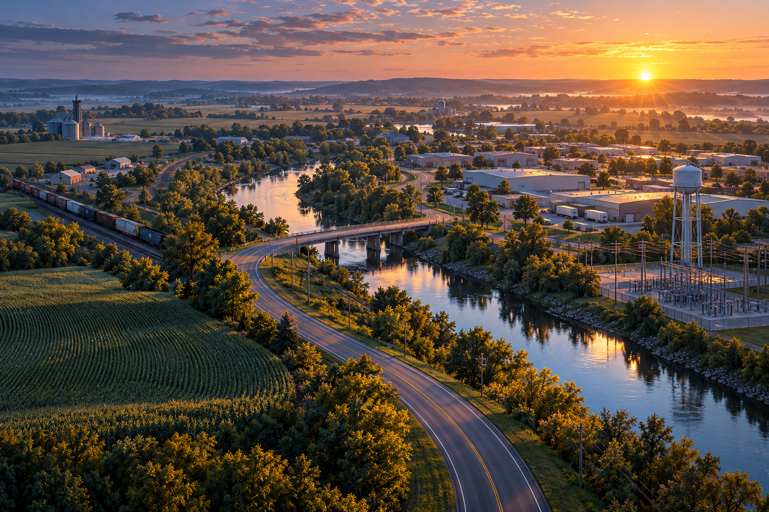 Original sunrise aerial scene showing roads, rail, water, power, fields, and buildings connected across a working landscape