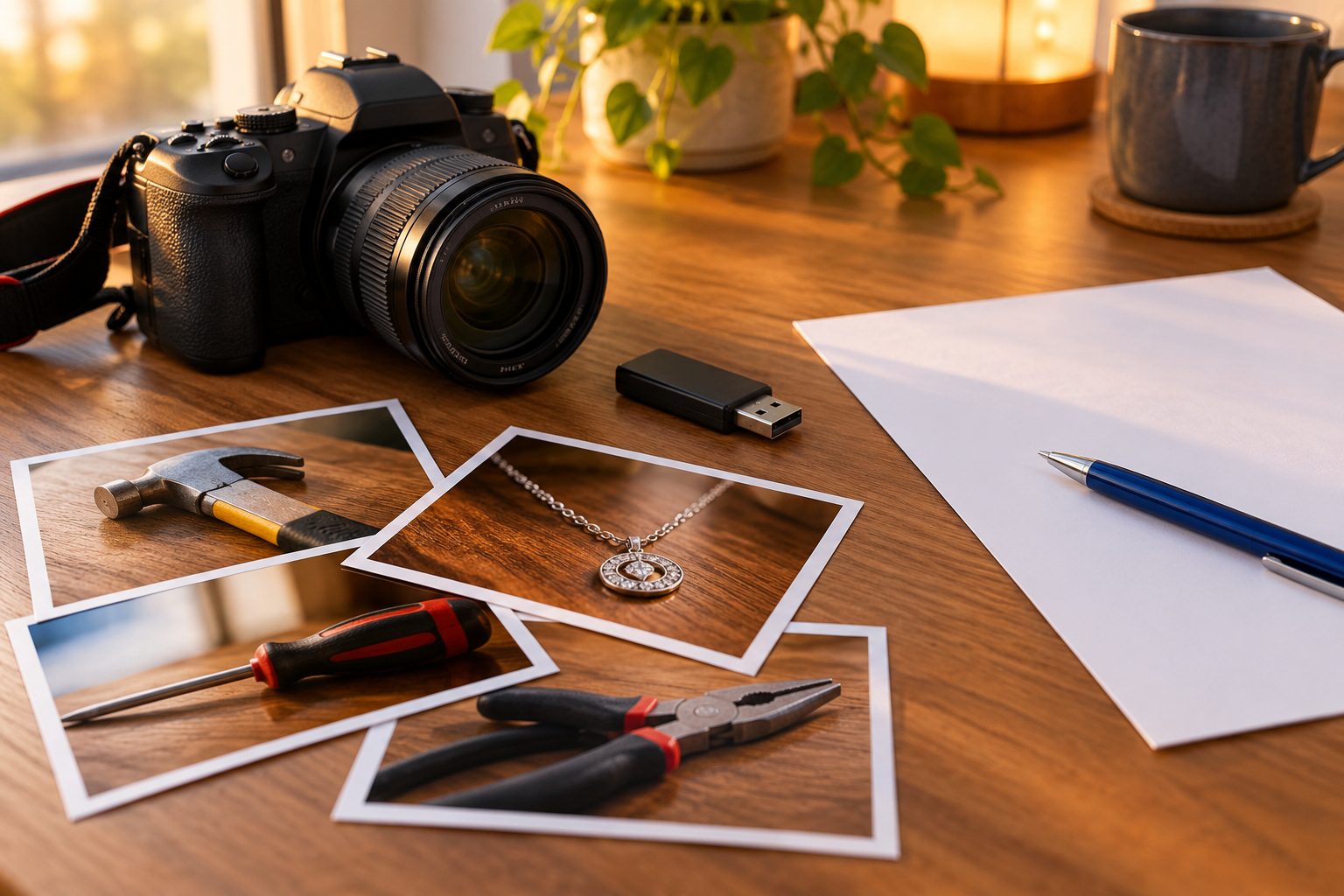 Concept illustration of a camera, printed photographs, USB drive, paper and pen