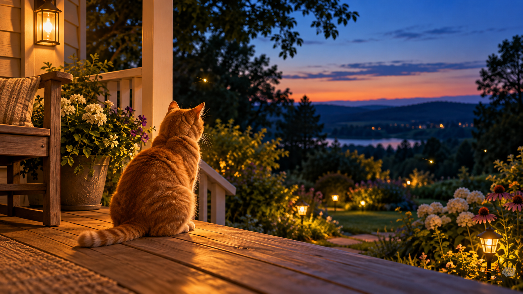 An orange cat watching fireflies from a warmly lit porch at dusk