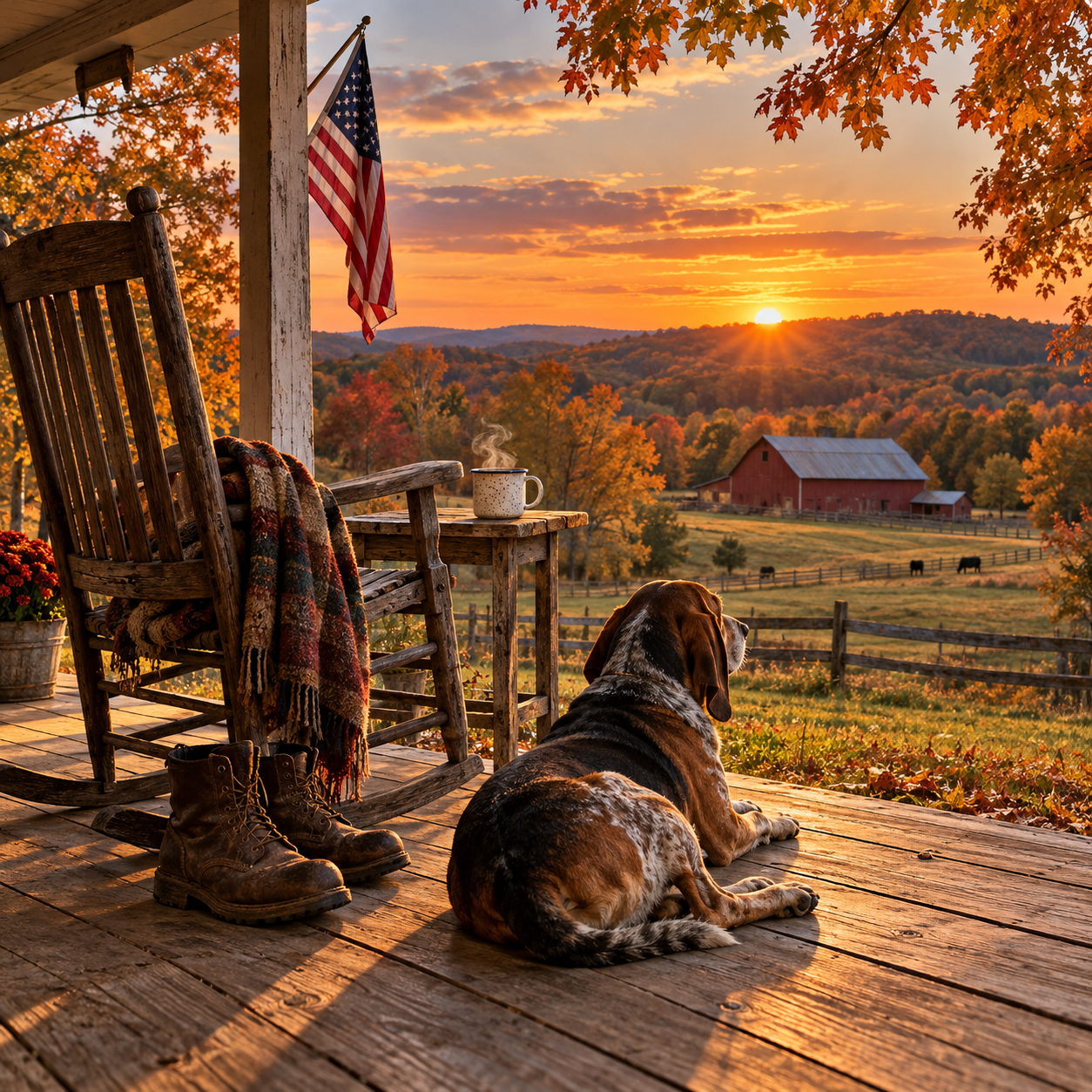 Original country artwork of a resting hound, work boots, coffee, and a rocking chair on a porch overlooking an autumn sunset